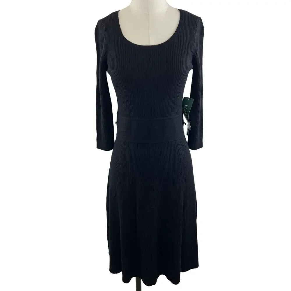 Lauren Ralph Lauren Black Merino Wool Ribbed 3/4 Sleeve Sweater Dress Sz PM NEW